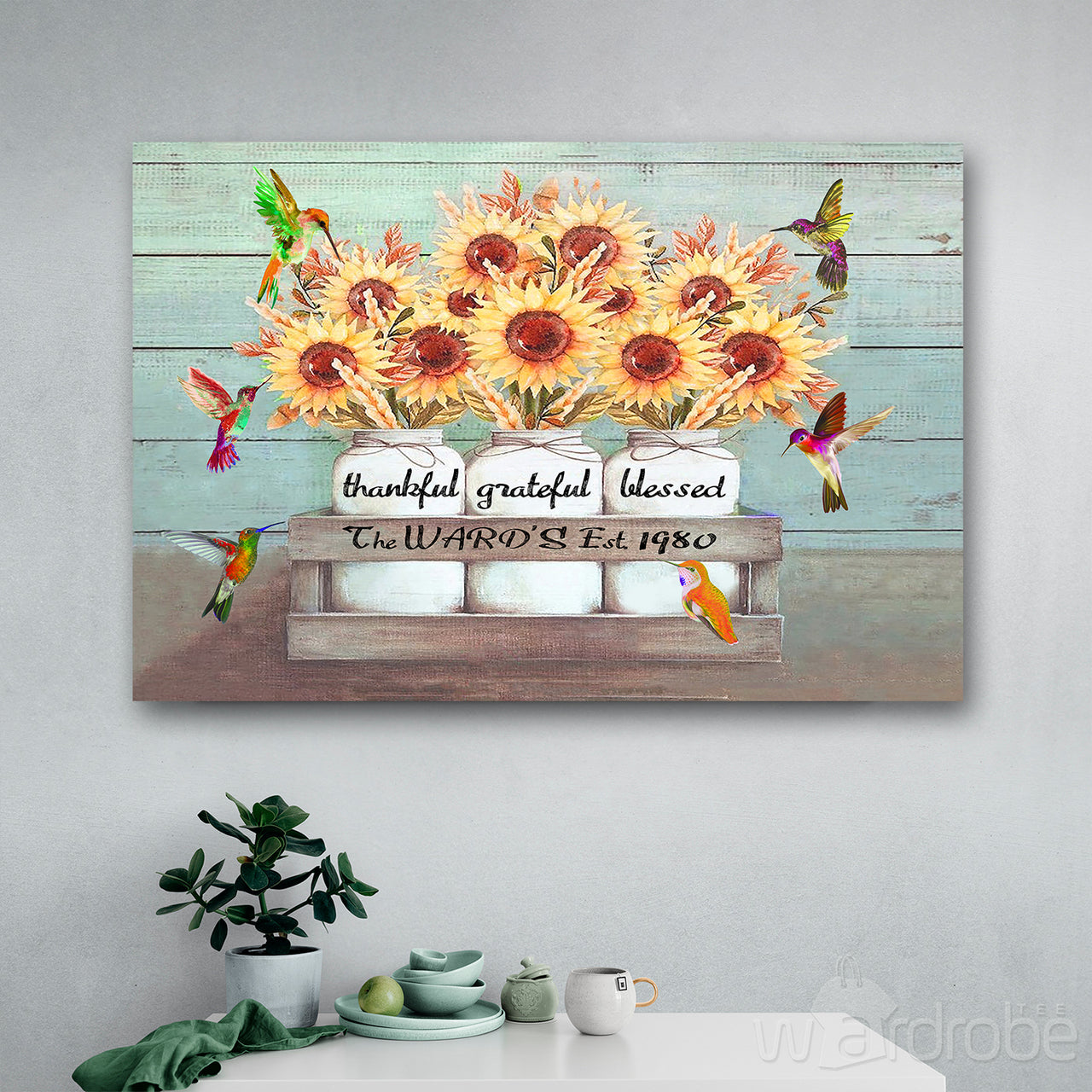 Personalized Family Name & Year Hummingbird Thankful, Grateful, Blessed Canvas Print Wall Art - Matte Canvas